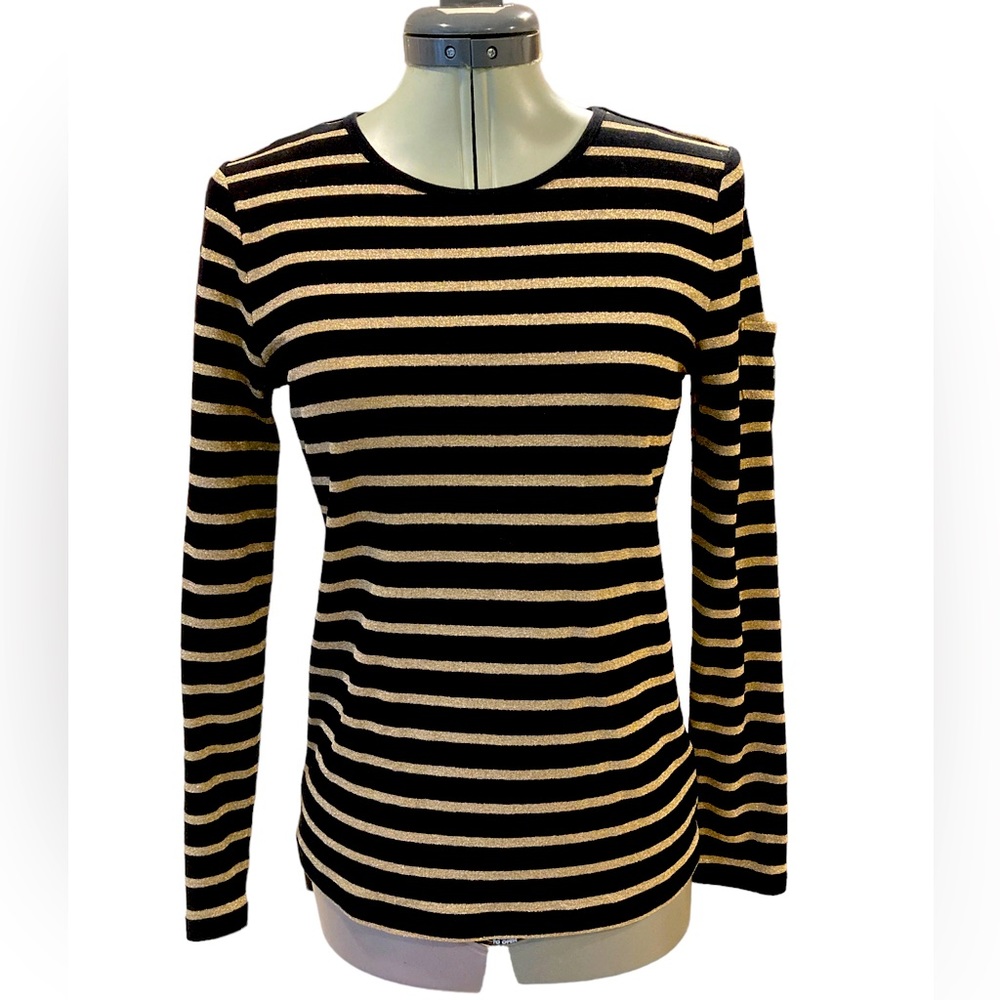 Lauren Ralph Lauren Black with Gold Stripes Long Sleeve Top Petite Medium
